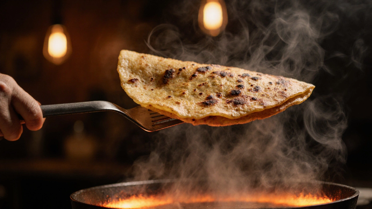 A golden, puffed dosa lifted from a hot tawa, steam rising.
