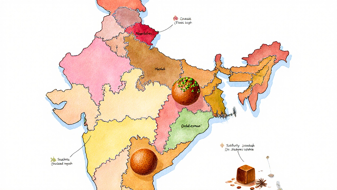 Artistic display of regional Gulab Jamun variations over an India map.
