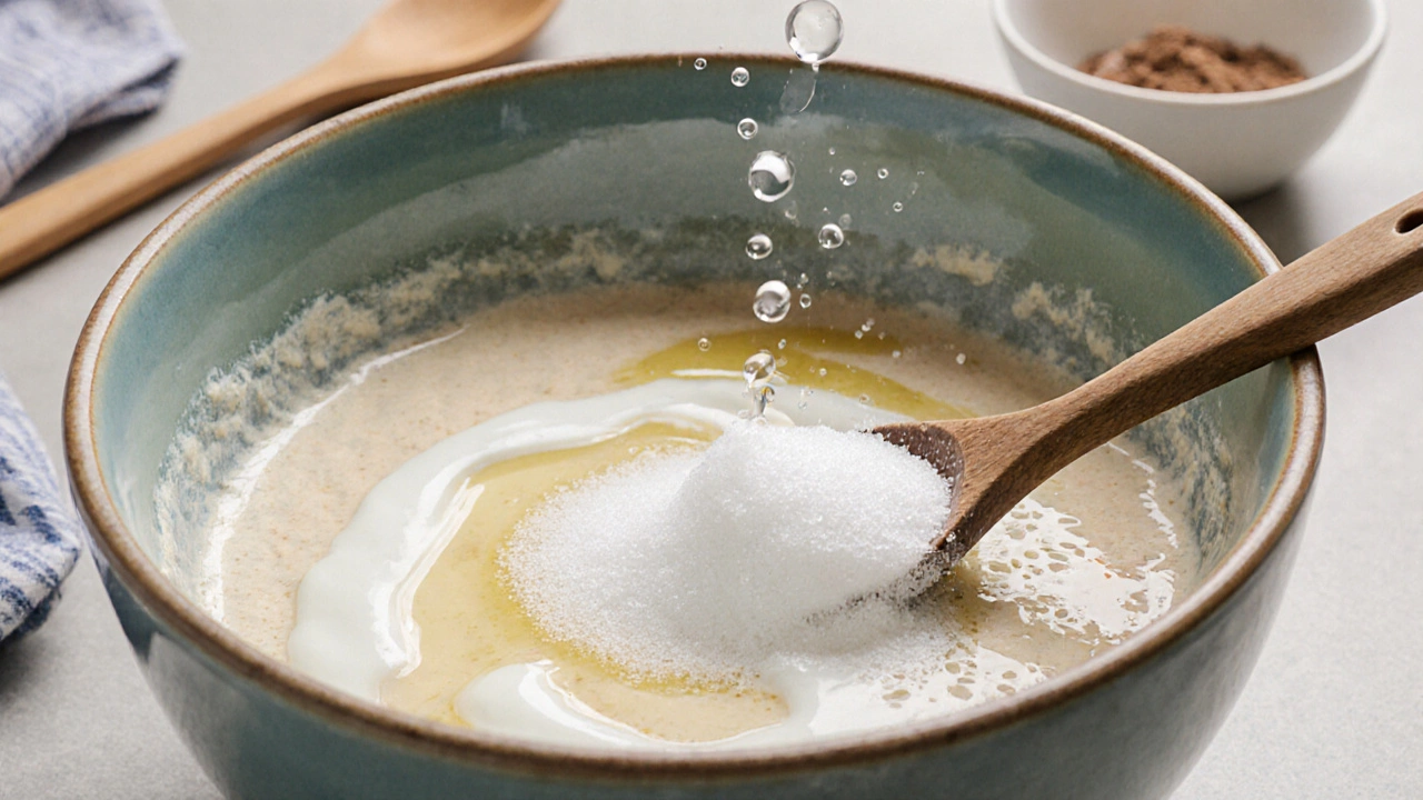 Bowl of dosa batter with yogurt, lemon juice, vinegar, and yeast foam showing rising bubbles.