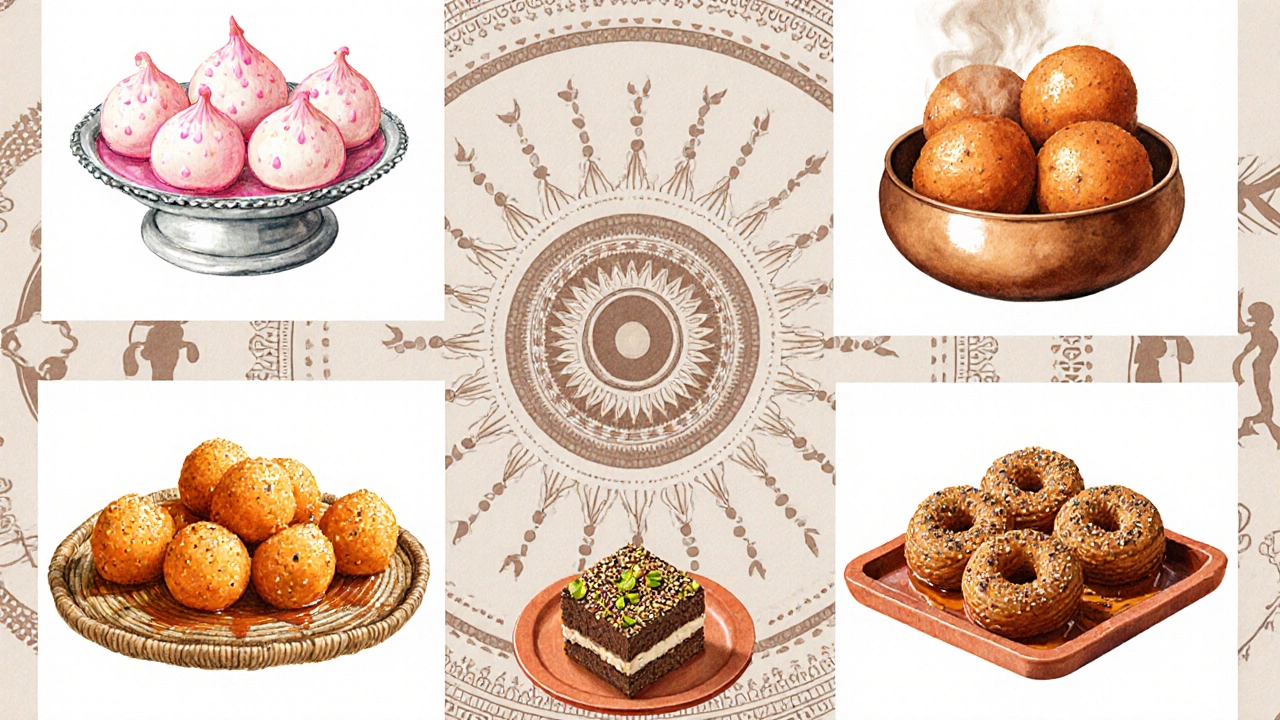 Collage of regional Indian sweets each shown with cultural background motifs.