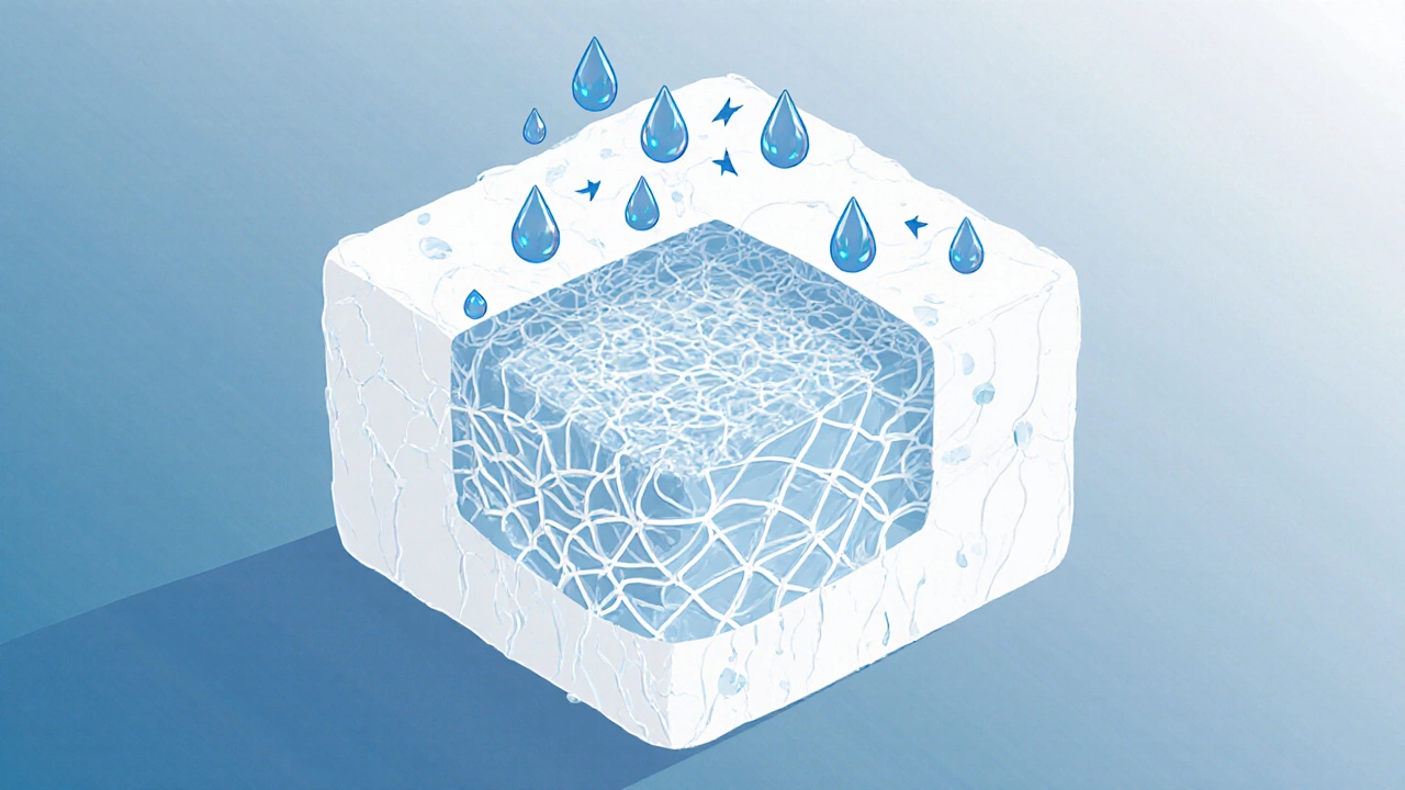 Cross‑section view of a paneer cube showing water diffusing into its protein network.