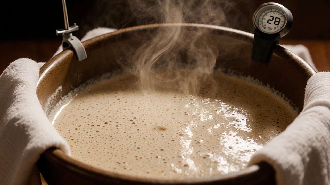 Fermented dosa batter with bubbles and a thermometer indicating 28 °C.