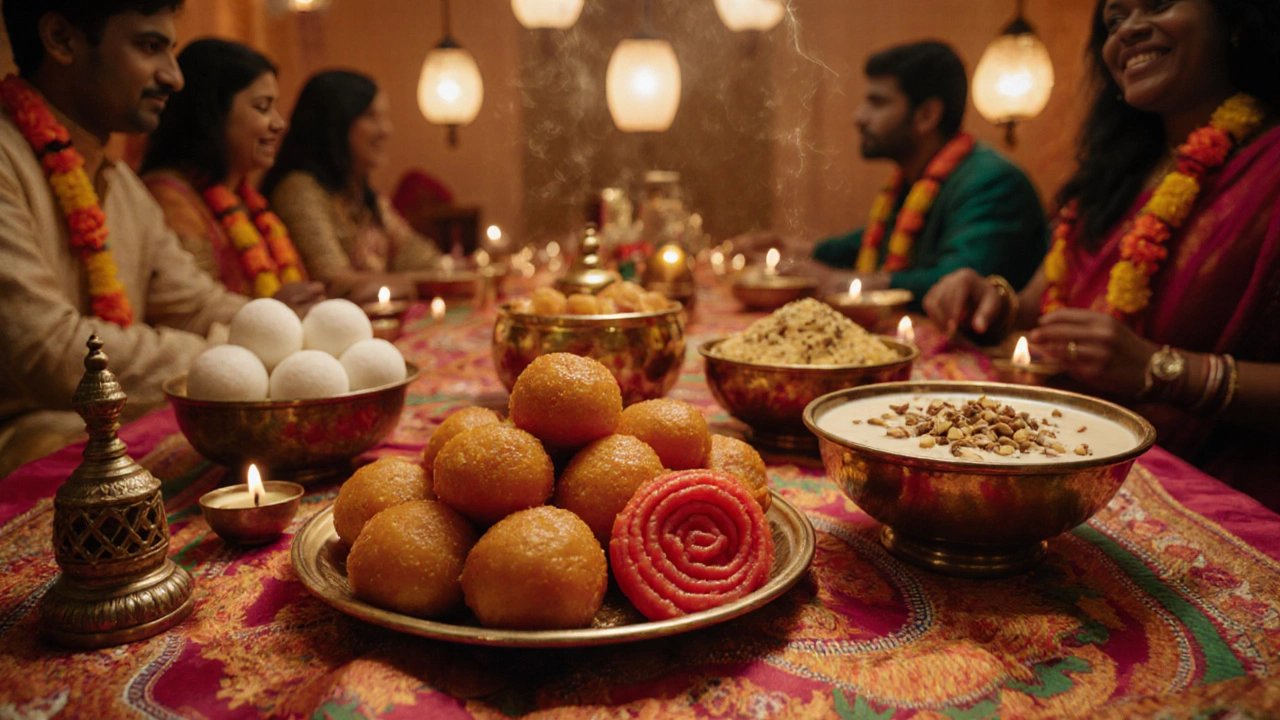 Festive Indian dessert spread with multiple sweets and decorative elements.