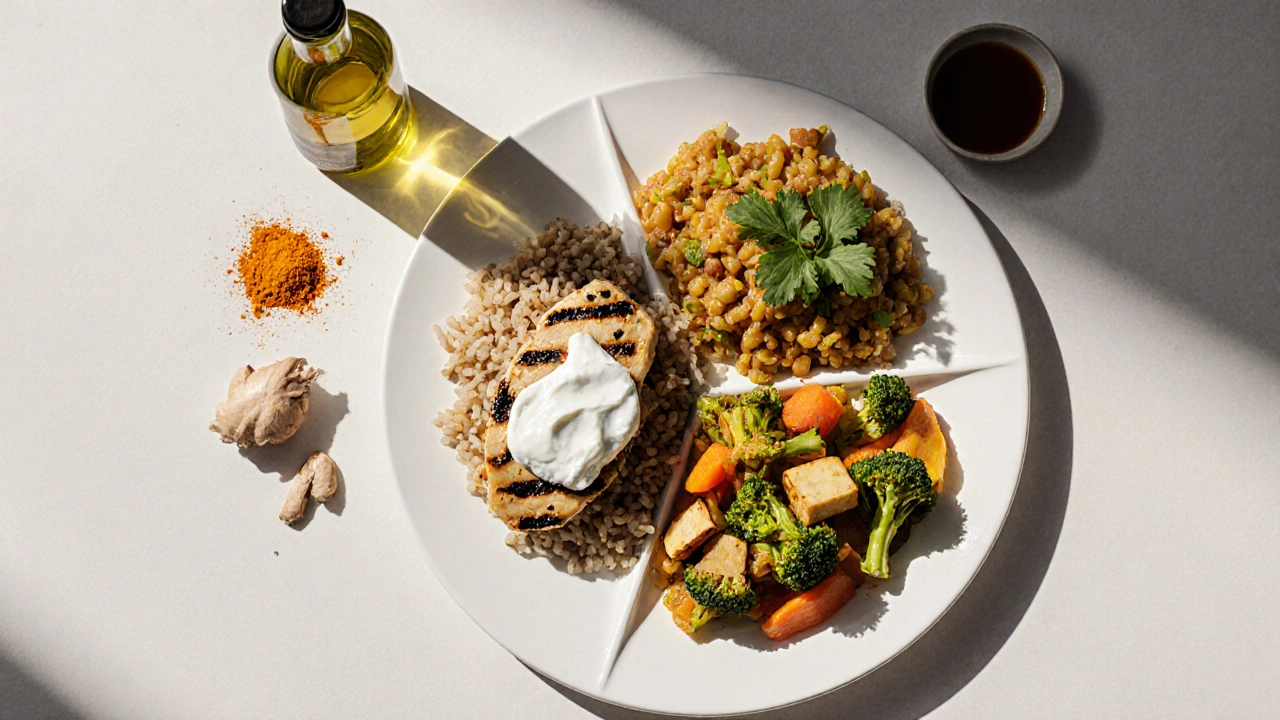 Flat‑lay of a balanced plate featuring yogurt‑marinated chicken, lentil dal, brown rice, tofu stir‑fry, and herbs.