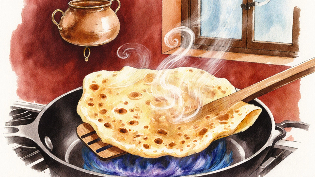 Golden crisp dosa lifted from hot skillet, steam rising, in a warm kitchen scene.