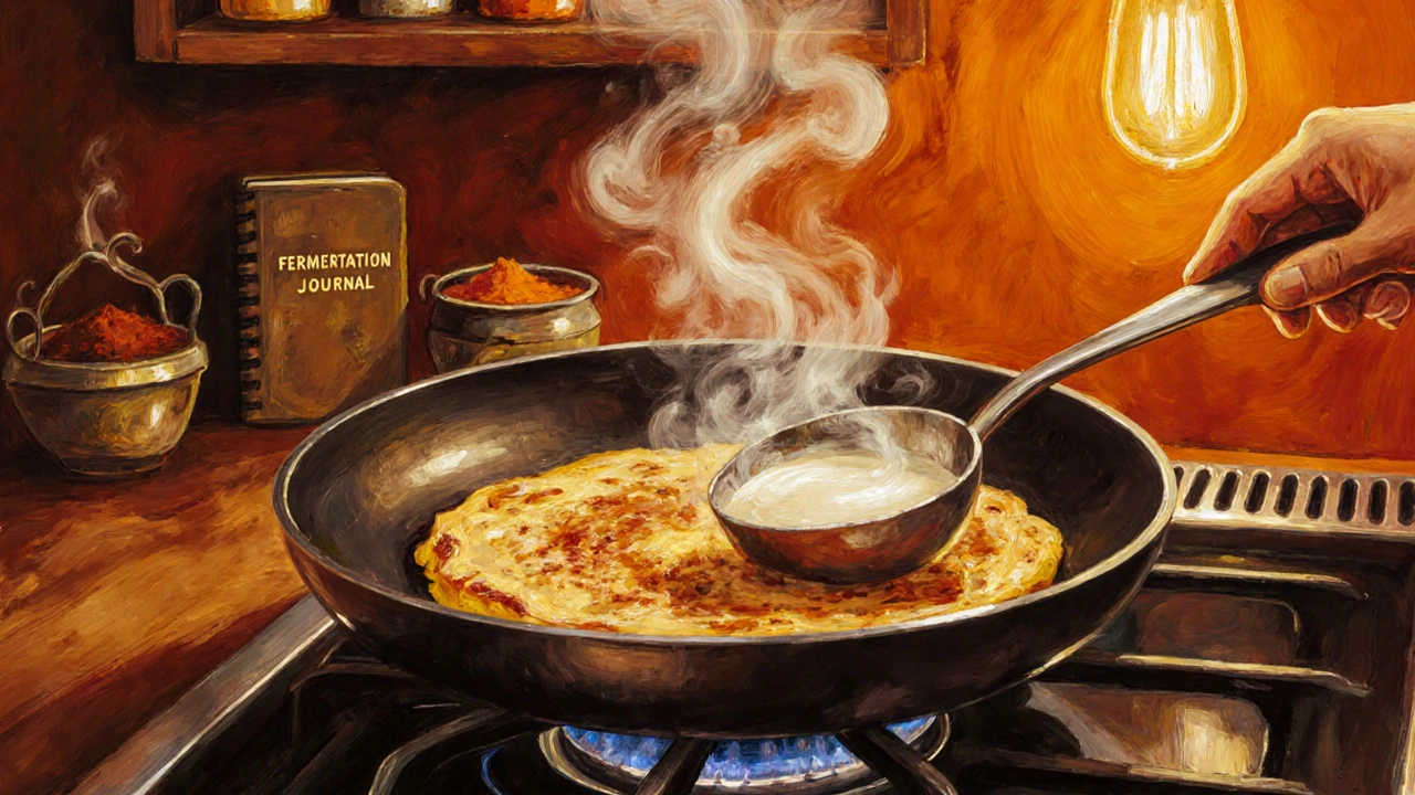 Golden dosa cooking on a skillet, bubbles rising as it crisps.