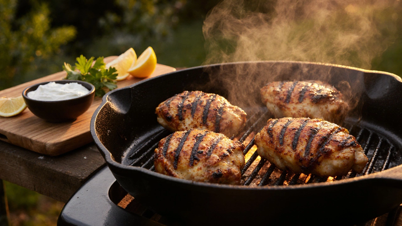 Grilled chicken thighs coated in caramelized sour‑cream glaze with herbs.