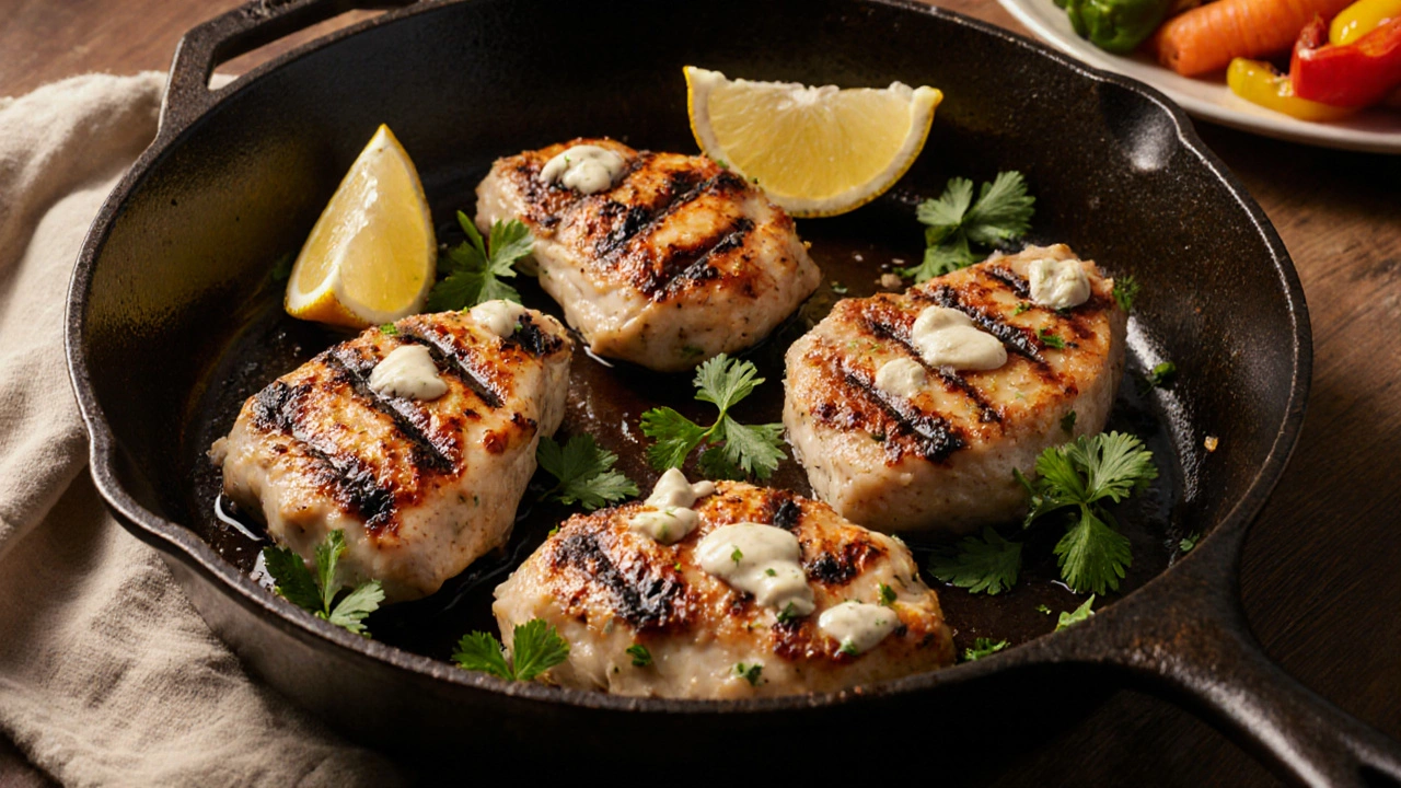 Grilled chicken thighs with caramelized sour‑cream glaze, herbs, lemon wedges, and roasted veg.