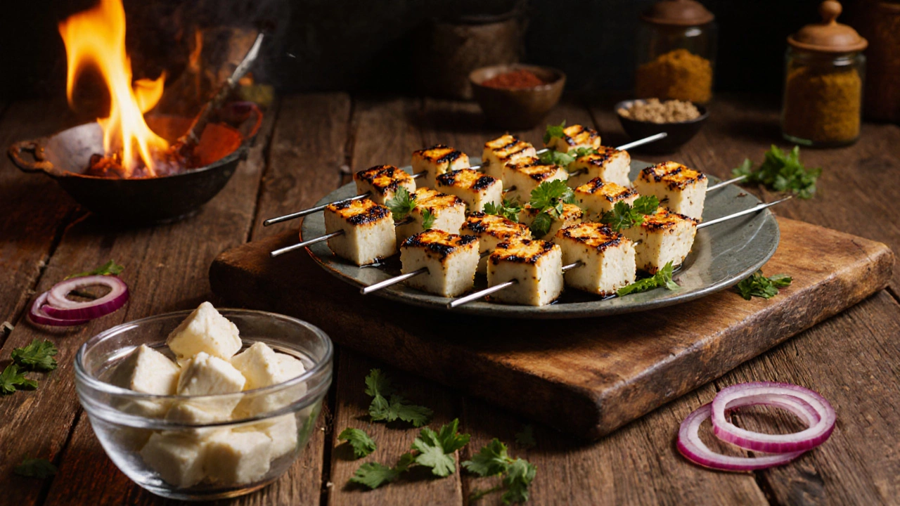 Grilled paneer tikka on skewers served with herbs, highlighting soft, moist texture.