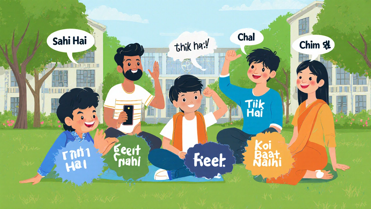Group of students on a campus lawn illustrating five slang expressions.