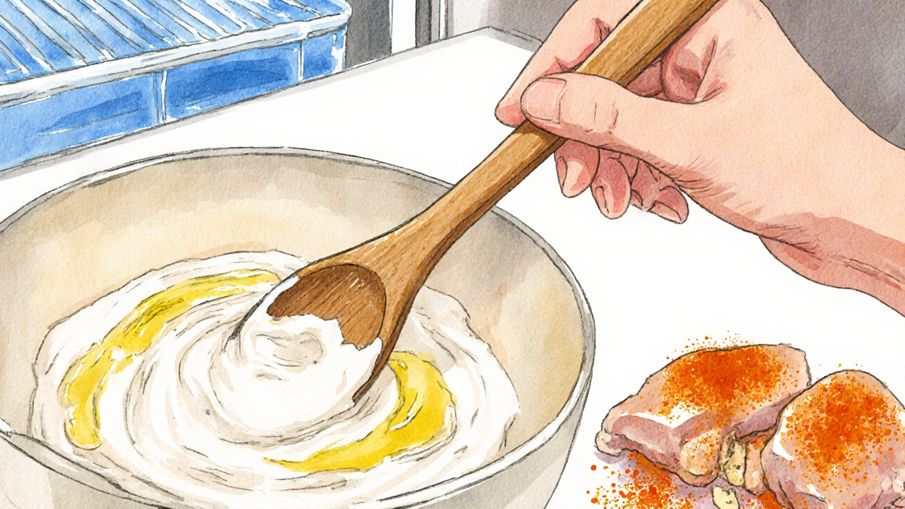 Hand mixing sour cream, lemon juice, garlic, paprika, coating chicken pieces in a bowl.