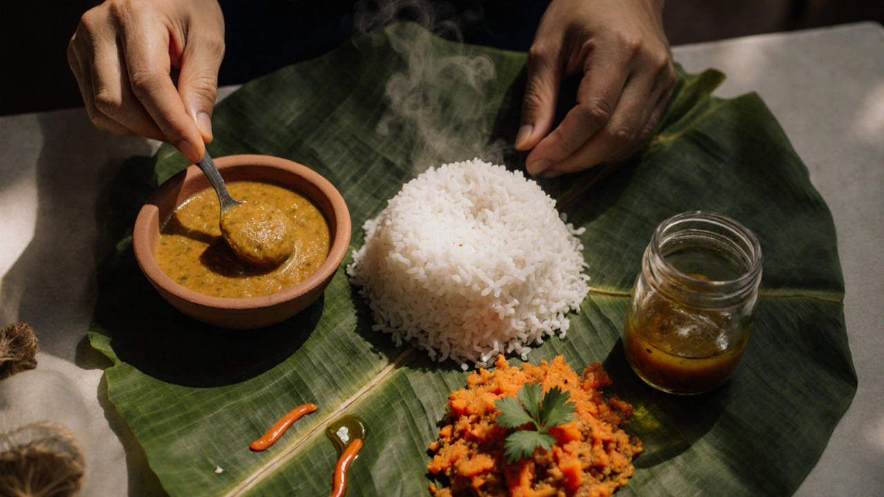 Hands arranging rice, dal, sabzi, pickles and cilantro on a banana leaf thali.