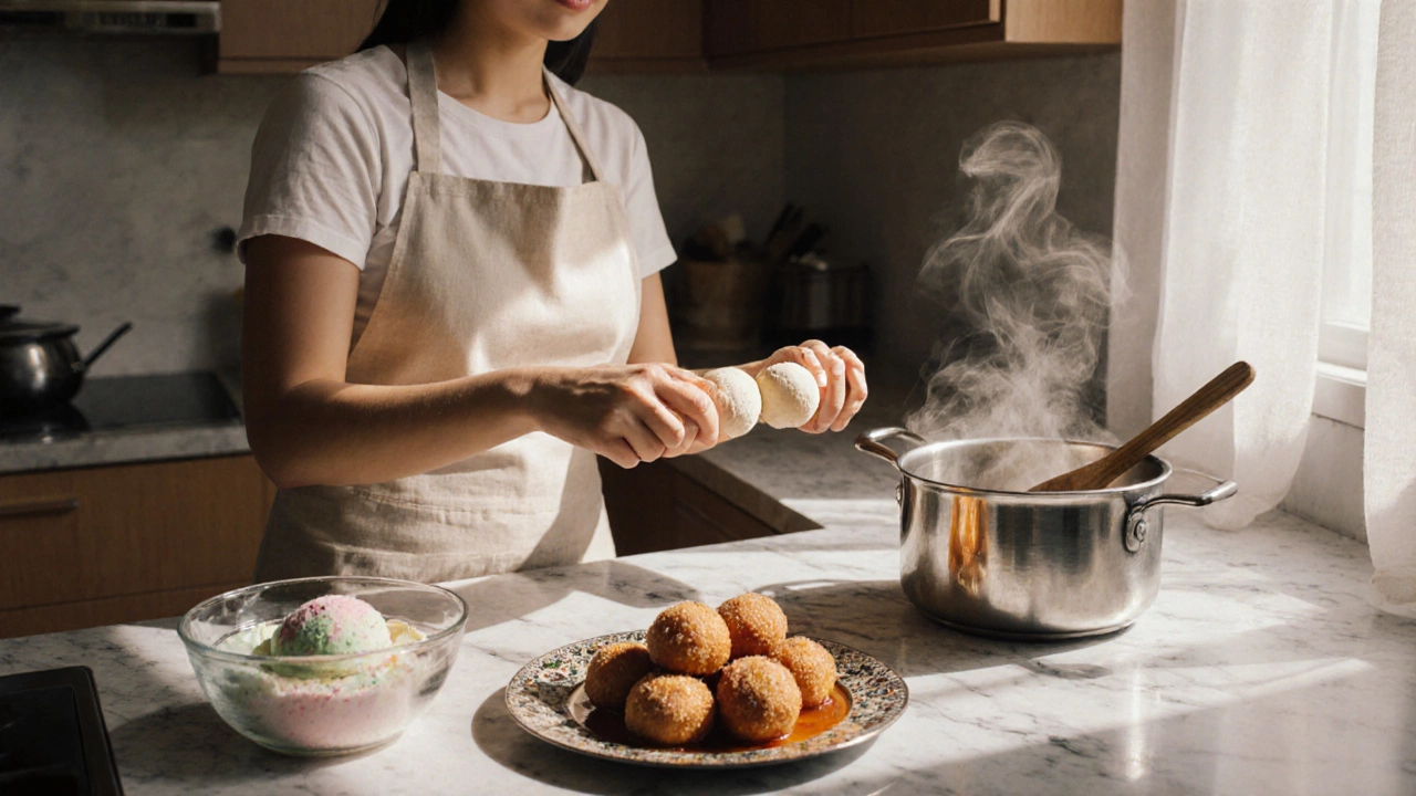 Home kitchen scene of a cook preparing quick gulab jamun with syrup and kulfi.