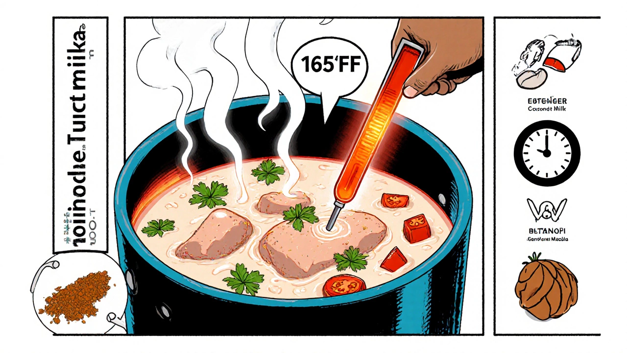 Illustration of chicken curry simmering with steam, thermometer reading 165°F, and spice icons.