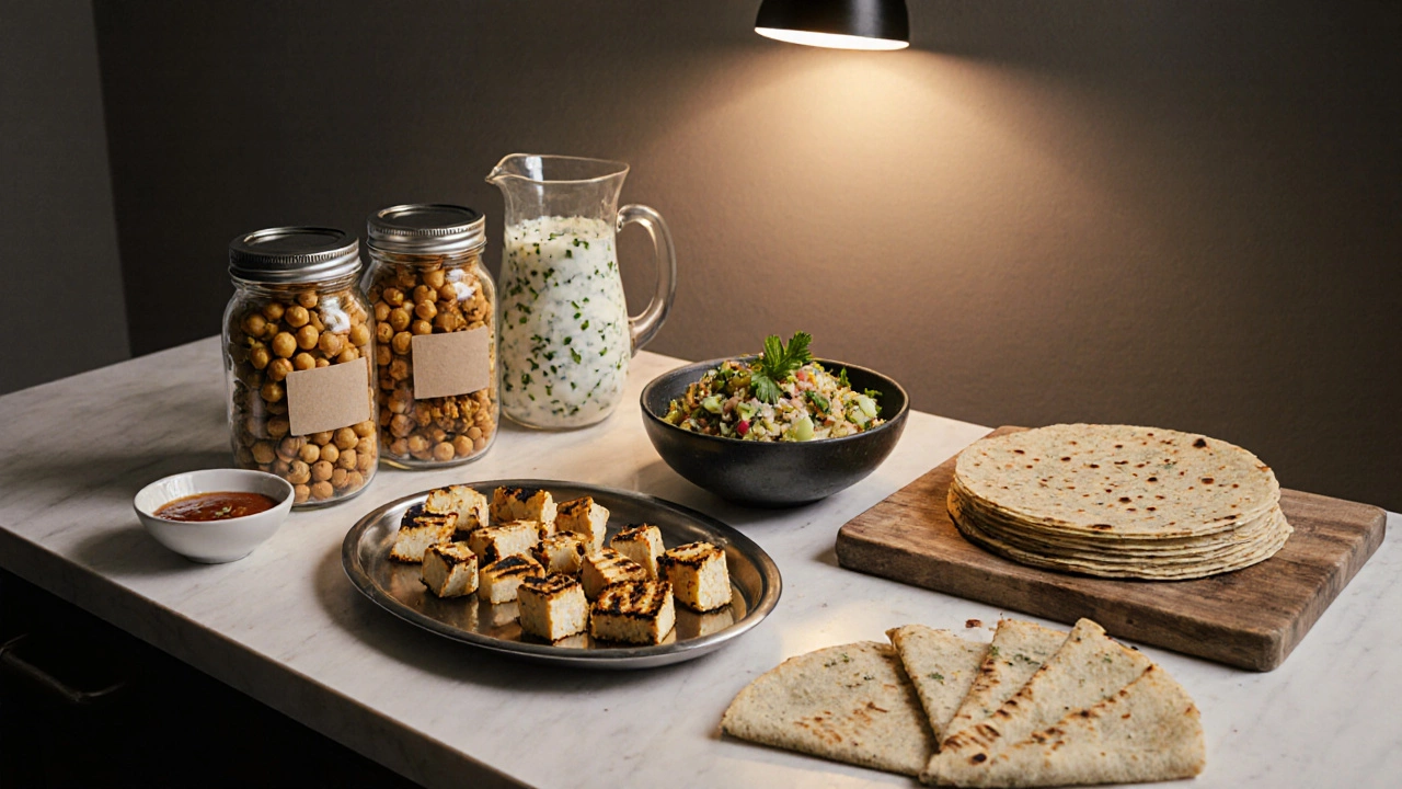 Kitchen counter with jars and plates of prepared Indian snacks ready.