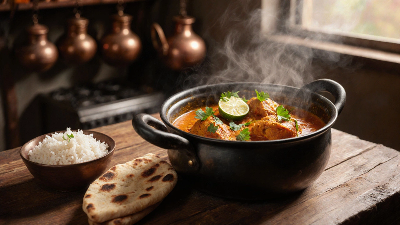 Oil painting of a finished chicken curry dish garnished with cilantro, lime, and butter.