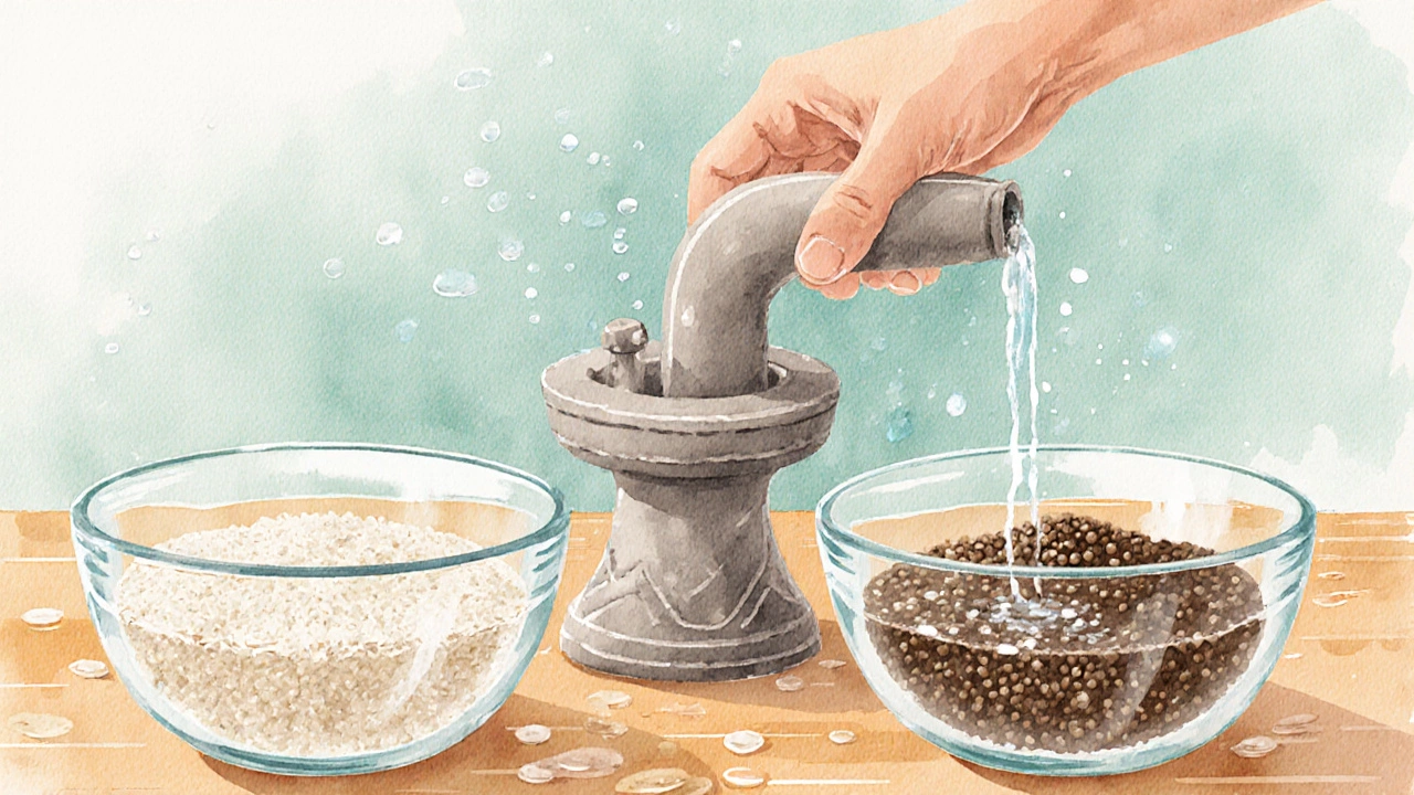 Soaked rice and urad dal being ground together in a bowl with water.