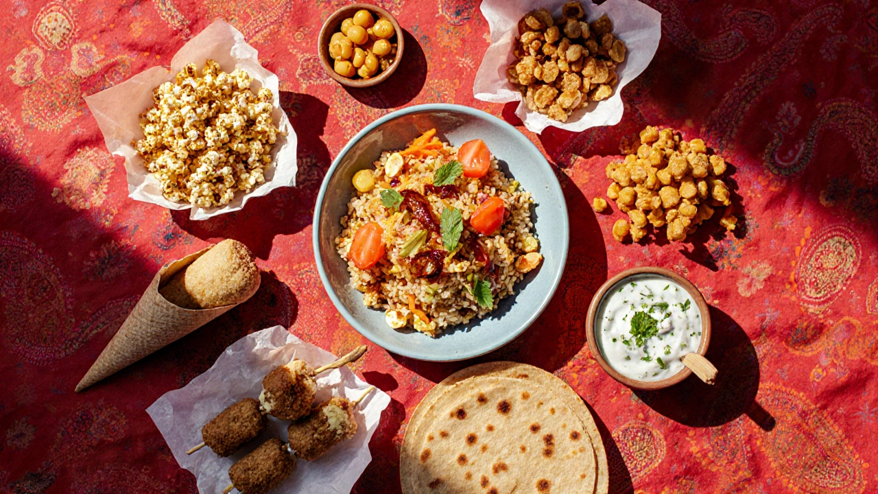 Top‑down view of assorted healthy Indian snacks on a patterned cloth.