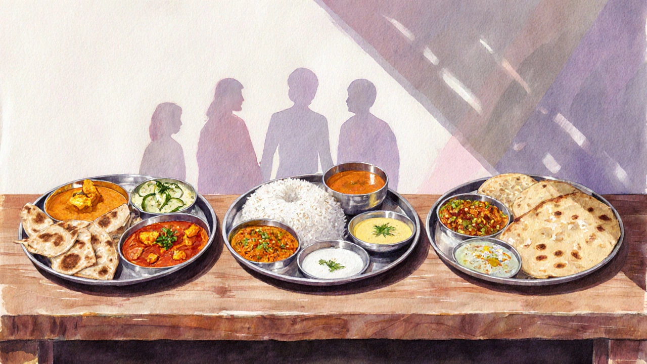Watercolor of three regional Indian thalis side by side with a family sharing the meal.