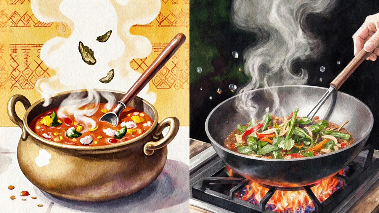 Watercolor split of an Indian simmering pot with spices and a Chinese wok with sizzling vegetables.
