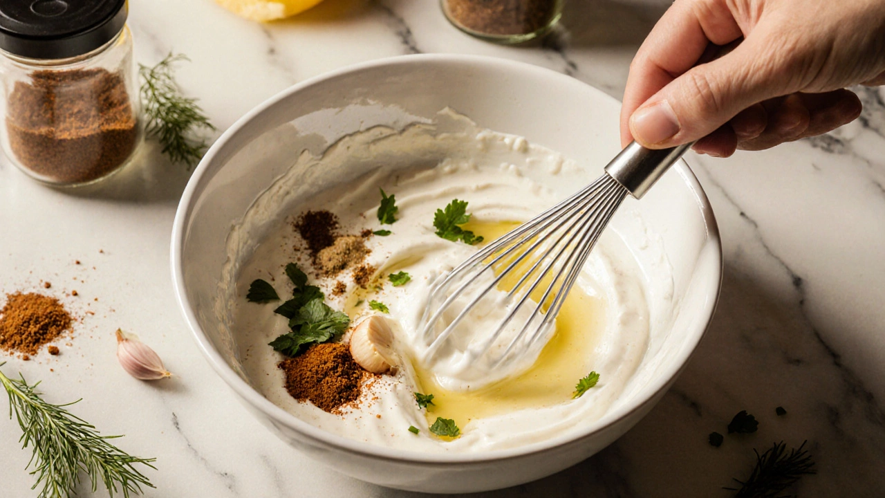 Whisk mixing sour cream, lemon, garlic, spices, and herbs in a bowl.